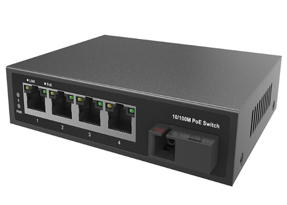 4x10/100M RJ45 और 1x155M अपलिंक SC पोर्ट के साथ 10/100M 5 पोर्ट PoE फाइबर स्विच