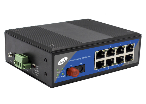 10/100/1000Mbps POE फाइबर स्विच 0-100 किमी 1 फाइबर पोर्ट और 8 POE ईथरनेट पोर्ट के साथ