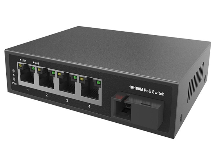 4x10/100M RJ45 और 1x155M अपलिंक SC पोर्ट के साथ 10/100M 5 पोर्ट PoE फाइबर स्विच